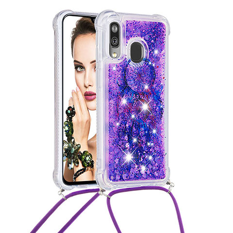 Silikon Hülle Handyhülle Gummi Schutzhülle Flexible Tasche Bling-Bling mit Schlüsselband Lanyard S02 für Samsung Galaxy A40 Violett