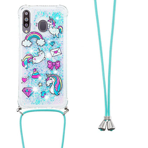 Silikon Hülle Handyhülle Gummi Schutzhülle Flexible Tasche Bling-Bling mit Schlüsselband Lanyard S02 für Samsung Galaxy A40s Hellblau