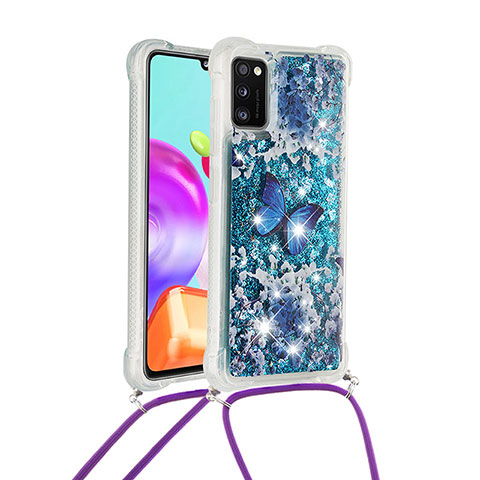 Silikon Hülle Handyhülle Gummi Schutzhülle Flexible Tasche Bling-Bling mit Schlüsselband Lanyard S02 für Samsung Galaxy A41 Blau