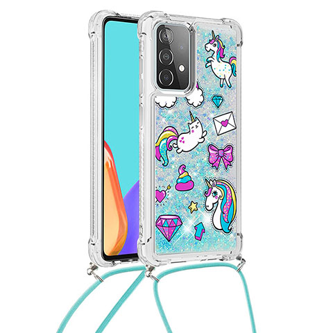 Silikon Hülle Handyhülle Gummi Schutzhülle Flexible Tasche Bling-Bling mit Schlüsselband Lanyard S02 für Samsung Galaxy A52 4G Hellblau