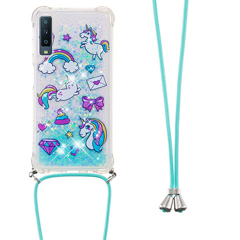 Silikon Hülle Handyhülle Gummi Schutzhülle Flexible Tasche Bling-Bling mit Schlüsselband Lanyard S02 für Samsung Galaxy A7 (2018) A750 Hellblau