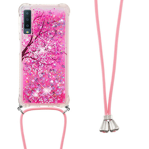 Silikon Hülle Handyhülle Gummi Schutzhülle Flexible Tasche Bling-Bling mit Schlüsselband Lanyard S02 für Samsung Galaxy A7 (2018) A750 Pink