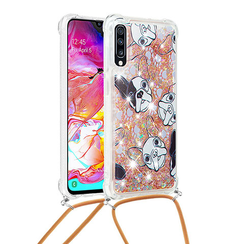 Silikon Hülle Handyhülle Gummi Schutzhülle Flexible Tasche Bling-Bling mit Schlüsselband Lanyard S02 für Samsung Galaxy A70 Gold