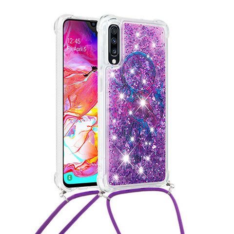 Silikon Hülle Handyhülle Gummi Schutzhülle Flexible Tasche Bling-Bling mit Schlüsselband Lanyard S02 für Samsung Galaxy A70 Violett