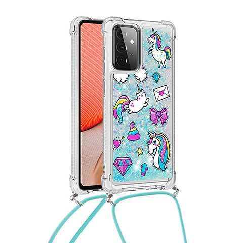 Silikon Hülle Handyhülle Gummi Schutzhülle Flexible Tasche Bling-Bling mit Schlüsselband Lanyard S02 für Samsung Galaxy A72 4G Hellblau