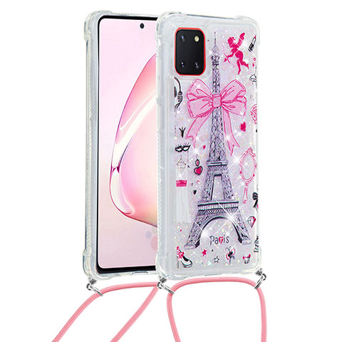 Silikon Hülle Handyhülle Gummi Schutzhülle Flexible Tasche Bling-Bling mit Schlüsselband Lanyard S02 für Samsung Galaxy A81 Rosa