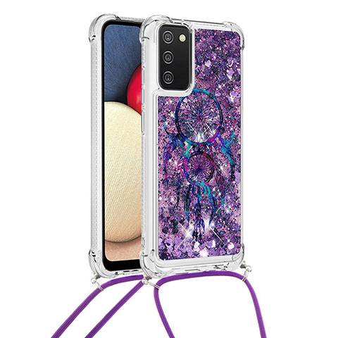 Silikon Hülle Handyhülle Gummi Schutzhülle Flexible Tasche Bling-Bling mit Schlüsselband Lanyard S02 für Samsung Galaxy M02s Violett