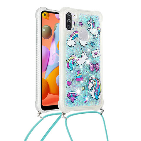 Silikon Hülle Handyhülle Gummi Schutzhülle Flexible Tasche Bling-Bling mit Schlüsselband Lanyard S02 für Samsung Galaxy M11 Hellblau