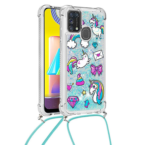 Silikon Hülle Handyhülle Gummi Schutzhülle Flexible Tasche Bling-Bling mit Schlüsselband Lanyard S02 für Samsung Galaxy M21s Hellblau