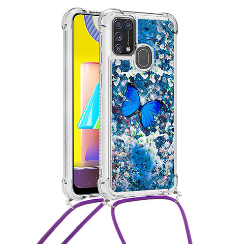 Silikon Hülle Handyhülle Gummi Schutzhülle Flexible Tasche Bling-Bling mit Schlüsselband Lanyard S02 für Samsung Galaxy M31 Blau