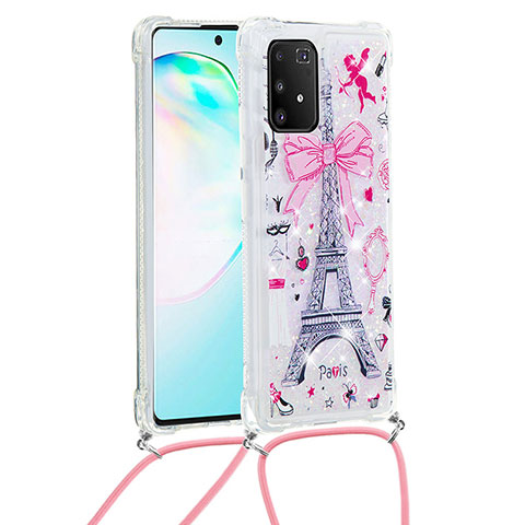 Silikon Hülle Handyhülle Gummi Schutzhülle Flexible Tasche Bling-Bling mit Schlüsselband Lanyard S02 für Samsung Galaxy M80S Rosa