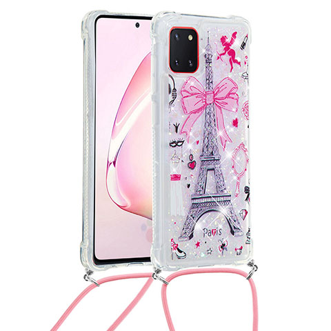 Silikon Hülle Handyhülle Gummi Schutzhülle Flexible Tasche Bling-Bling mit Schlüsselband Lanyard S02 für Samsung Galaxy Note 10 Lite Rosa