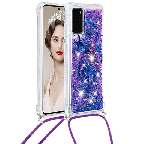 Silikon Hülle Handyhülle Gummi Schutzhülle Flexible Tasche Bling-Bling mit Schlüsselband Lanyard S02 für Samsung Galaxy S20 Violett