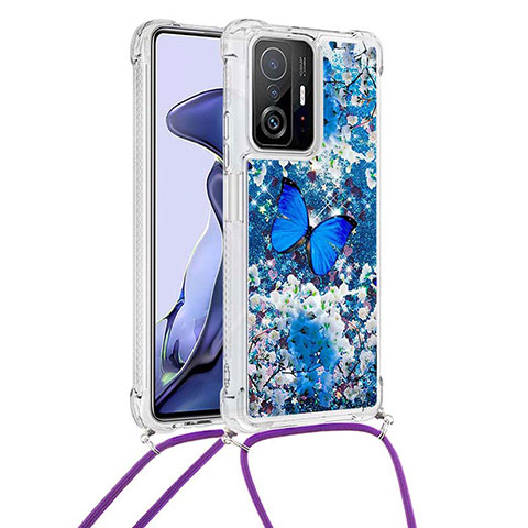 Silikon Hülle Handyhülle Gummi Schutzhülle Flexible Tasche Bling-Bling mit Schlüsselband Lanyard S02 für Xiaomi Mi 11T 5G Blau