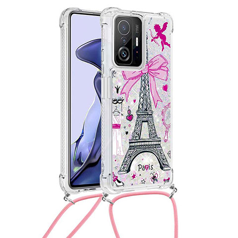 Silikon Hülle Handyhülle Gummi Schutzhülle Flexible Tasche Bling-Bling mit Schlüsselband Lanyard S02 für Xiaomi Mi 11T 5G Rosa
