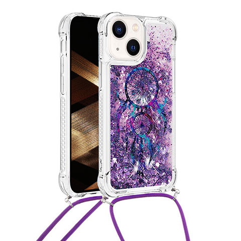 Silikon Hülle Handyhülle Gummi Schutzhülle Flexible Tasche Bling-Bling mit Schlüsselband Lanyard S03 für Apple iPhone 15 Violett