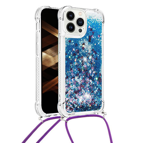 Silikon Hülle Handyhülle Gummi Schutzhülle Flexible Tasche Bling-Bling mit Schlüsselband Lanyard S03 für Apple iPhone 16 Pro Blau