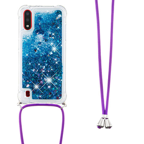 Silikon Hülle Handyhülle Gummi Schutzhülle Flexible Tasche Bling-Bling mit Schlüsselband Lanyard S03 für Samsung Galaxy A01 SM-A015 Blau