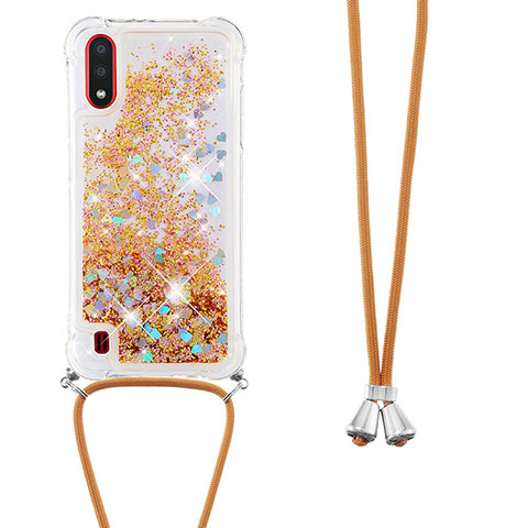 Silikon Hülle Handyhülle Gummi Schutzhülle Flexible Tasche Bling-Bling mit Schlüsselband Lanyard S03 für Samsung Galaxy A01 SM-A015 Gold