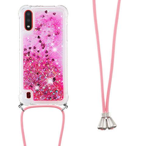 Silikon Hülle Handyhülle Gummi Schutzhülle Flexible Tasche Bling-Bling mit Schlüsselband Lanyard S03 für Samsung Galaxy A01 SM-A015 Pink