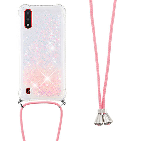 Silikon Hülle Handyhülle Gummi Schutzhülle Flexible Tasche Bling-Bling mit Schlüsselband Lanyard S03 für Samsung Galaxy A01 SM-A015 Rosa