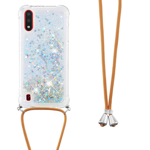 Silikon Hülle Handyhülle Gummi Schutzhülle Flexible Tasche Bling-Bling mit Schlüsselband Lanyard S03 für Samsung Galaxy A01 SM-A015 Silber