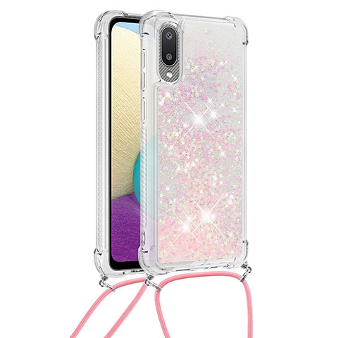 Silikon Hülle Handyhülle Gummi Schutzhülle Flexible Tasche Bling-Bling mit Schlüsselband Lanyard S03 für Samsung Galaxy A02 Rosa