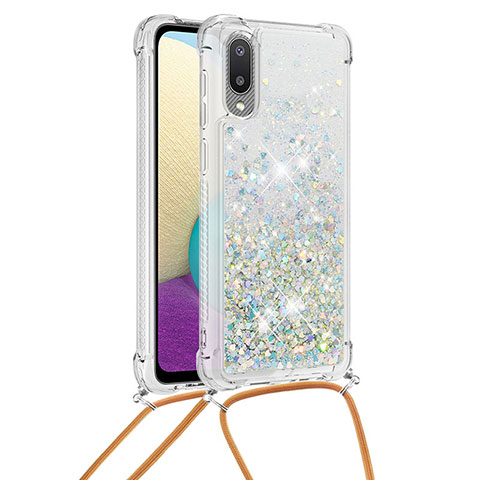 Silikon Hülle Handyhülle Gummi Schutzhülle Flexible Tasche Bling-Bling mit Schlüsselband Lanyard S03 für Samsung Galaxy A02 Silber