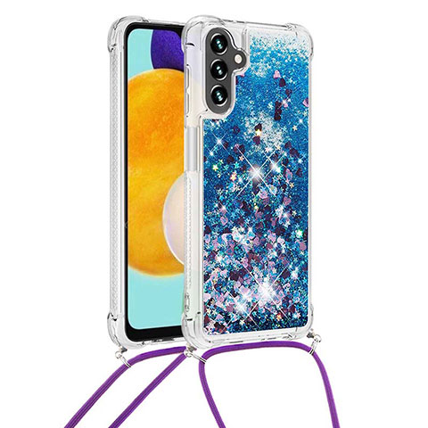 Silikon Hülle Handyhülle Gummi Schutzhülle Flexible Tasche Bling-Bling mit Schlüsselband Lanyard S03 für Samsung Galaxy A04s Blau