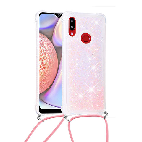 Silikon Hülle Handyhülle Gummi Schutzhülle Flexible Tasche Bling-Bling mit Schlüsselband Lanyard S03 für Samsung Galaxy A10s Rosa