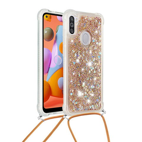 Silikon Hülle Handyhülle Gummi Schutzhülle Flexible Tasche Bling-Bling mit Schlüsselband Lanyard S03 für Samsung Galaxy A11 Gold