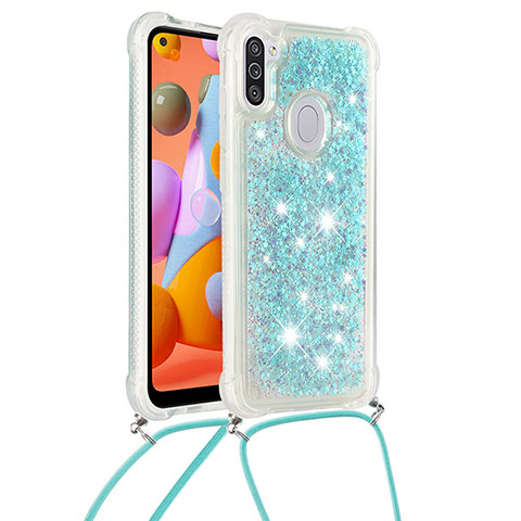 Silikon Hülle Handyhülle Gummi Schutzhülle Flexible Tasche Bling-Bling mit Schlüsselband Lanyard S03 für Samsung Galaxy A11 Hellblau