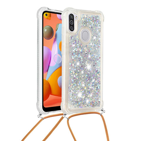 Silikon Hülle Handyhülle Gummi Schutzhülle Flexible Tasche Bling-Bling mit Schlüsselband Lanyard S03 für Samsung Galaxy A11 Silber