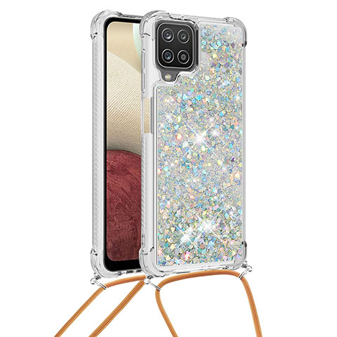 Silikon Hülle Handyhülle Gummi Schutzhülle Flexible Tasche Bling-Bling mit Schlüsselband Lanyard S03 für Samsung Galaxy A12 Silber