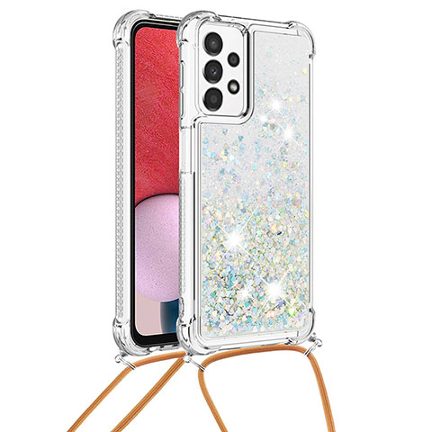 Silikon Hülle Handyhülle Gummi Schutzhülle Flexible Tasche Bling-Bling mit Schlüsselband Lanyard S03 für Samsung Galaxy A13 4G Silber