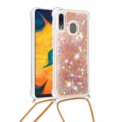 Silikon Hülle Handyhülle Gummi Schutzhülle Flexible Tasche Bling-Bling mit Schlüsselband Lanyard S03 für Samsung Galaxy A20 Gold