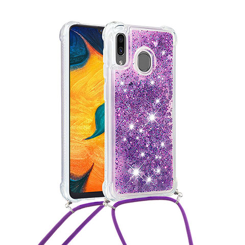 Silikon Hülle Handyhülle Gummi Schutzhülle Flexible Tasche Bling-Bling mit Schlüsselband Lanyard S03 für Samsung Galaxy A20 Violett