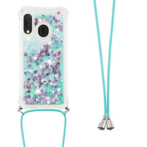 Silikon Hülle Handyhülle Gummi Schutzhülle Flexible Tasche Bling-Bling mit Schlüsselband Lanyard S03 für Samsung Galaxy A20e Grün