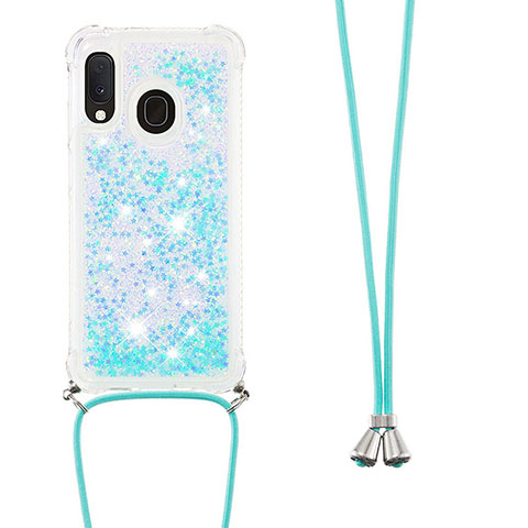 Silikon Hülle Handyhülle Gummi Schutzhülle Flexible Tasche Bling-Bling mit Schlüsselband Lanyard S03 für Samsung Galaxy A20e Hellblau