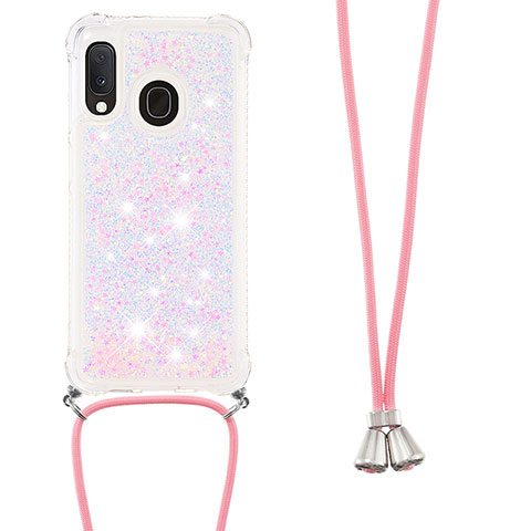 Silikon Hülle Handyhülle Gummi Schutzhülle Flexible Tasche Bling-Bling mit Schlüsselband Lanyard S03 für Samsung Galaxy A20e Rosa