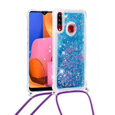 Silikon Hülle Handyhülle Gummi Schutzhülle Flexible Tasche Bling-Bling mit Schlüsselband Lanyard S03 für Samsung Galaxy A20s Blau