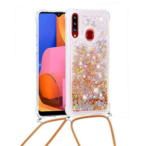 Silikon Hülle Handyhülle Gummi Schutzhülle Flexible Tasche Bling-Bling mit Schlüsselband Lanyard S03 für Samsung Galaxy A20s Gold