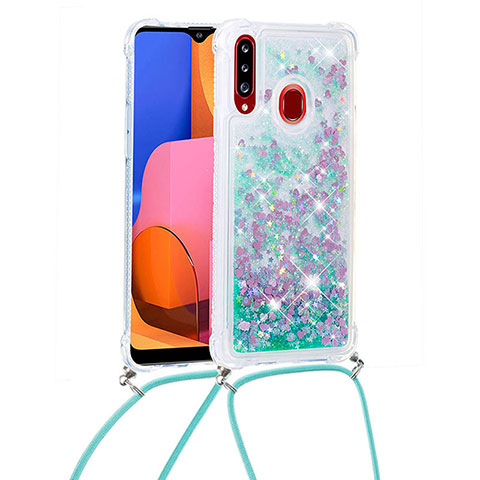 Silikon Hülle Handyhülle Gummi Schutzhülle Flexible Tasche Bling-Bling mit Schlüsselband Lanyard S03 für Samsung Galaxy A20s Grün