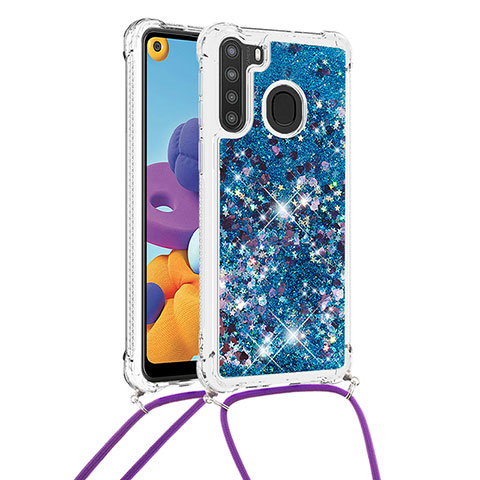 Silikon Hülle Handyhülle Gummi Schutzhülle Flexible Tasche Bling-Bling mit Schlüsselband Lanyard S03 für Samsung Galaxy A21 Blau