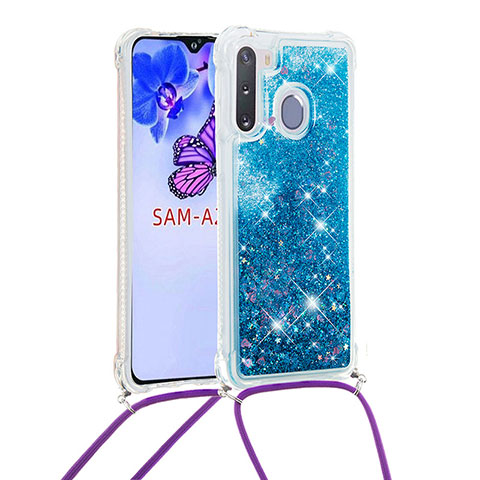 Silikon Hülle Handyhülle Gummi Schutzhülle Flexible Tasche Bling-Bling mit Schlüsselband Lanyard S03 für Samsung Galaxy A21 European Blau