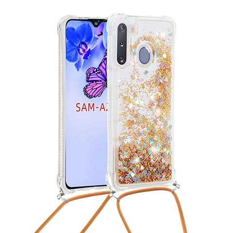 Silikon Hülle Handyhülle Gummi Schutzhülle Flexible Tasche Bling-Bling mit Schlüsselband Lanyard S03 für Samsung Galaxy A21 European Gold