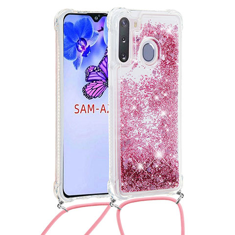 Silikon Hülle Handyhülle Gummi Schutzhülle Flexible Tasche Bling-Bling mit Schlüsselband Lanyard S03 für Samsung Galaxy A21 European Rot