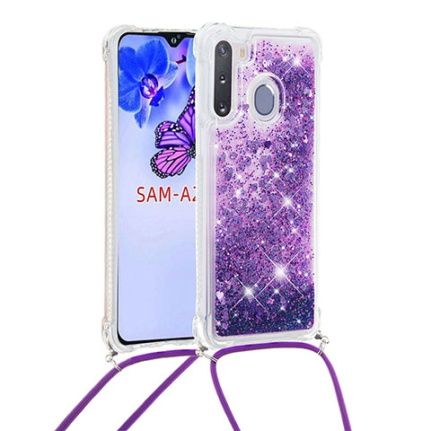 Silikon Hülle Handyhülle Gummi Schutzhülle Flexible Tasche Bling-Bling mit Schlüsselband Lanyard S03 für Samsung Galaxy A21 European Violett