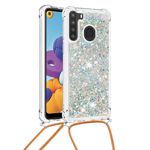 Silikon Hülle Handyhülle Gummi Schutzhülle Flexible Tasche Bling-Bling mit Schlüsselband Lanyard S03 für Samsung Galaxy A21 Silber