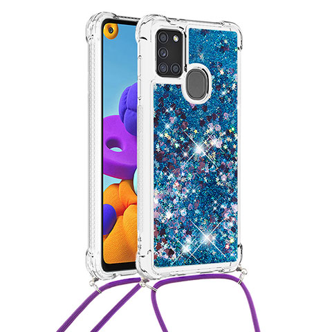 Silikon Hülle Handyhülle Gummi Schutzhülle Flexible Tasche Bling-Bling mit Schlüsselband Lanyard S03 für Samsung Galaxy A21s Blau